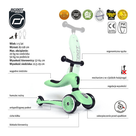 SCOOTANDRIDE Highwaykick 1 2w1 Jeździk i hulajnoga 1-5 lat Kiwi