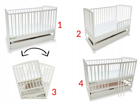 Skrzat Krzyś 3w1 Łóżeczko kołyska z szufladą i barierką Białe