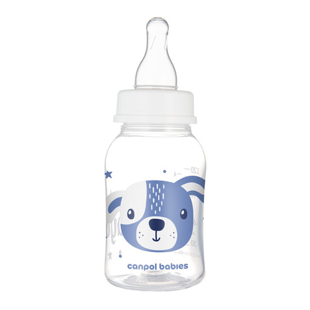 Canpol babies Butelka standardowa wąska 120 ml CUTE ANIMALS niebieska
