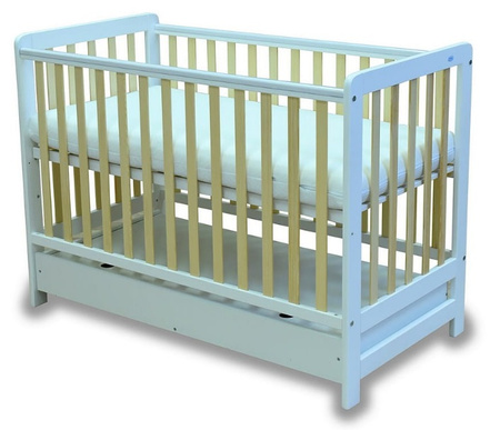 Łóżeczko JAŚ Deluxe BIAŁY-SOSNA z funkcją tapczanika oraz szufladą (120x60)