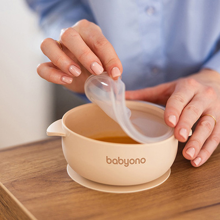 Babyono Silikonowa miseczka z przyssawką i przykrywką Beżowa