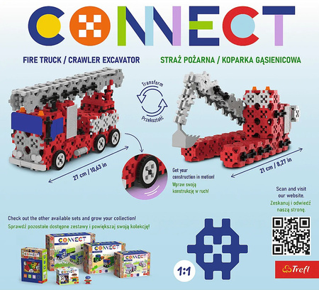 Zestaw klocków Connect 2w1: Straż Pożarna / Koparka gąsienicowa
