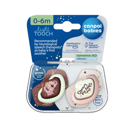 Canpol Babies Smoczek silikonowy Light touch 0-6m symetryczny świecący w ciemności Sleepy Koala 2 szt. Różowy