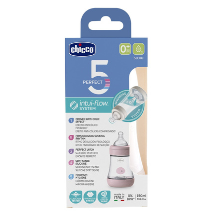Chicco Butelka Perfect5 0m+ 150 ml wolny przepływ, różowa