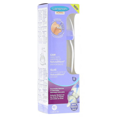 Szklana butelka Lansinoh mOmma 240 ml ze smoczkiem Natural Wave