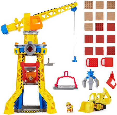 Spin Master Psi Patrol Rubble i jego Ekipa Rubble&Crew Bark Yard Crane Tower Duży zestaw Dźwig 60cm żółty Buldożer z figurką i piaskiem kinetycznym