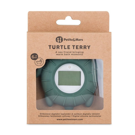 PETITE&MARS Silikonowy termometr cyfrowy do kąpieli Turtle Terry Misty Green