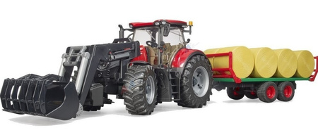 Traktor Case z ładowarką czołową i przyczepą z belami słomy Bruder