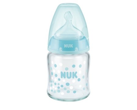 Butelka NUK szklana First Choice Plus 120 ml, ze smoczkiem silikonowym niebieska