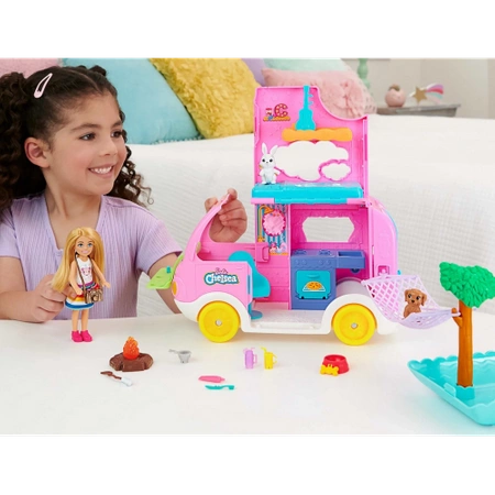 Mattel Barbie Chelsea - Różowy kamper + laleczka Chelsea + akcesoria HNH90
