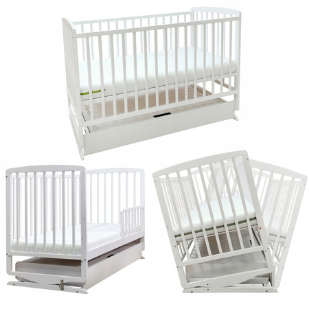 Skrzat Krzyś 3w1 Łóżeczko kołyska z szufladą i barierką Białe