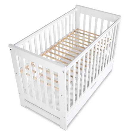 Klupś Łóżeczko IWO z szufladą i barierką ochronną białe