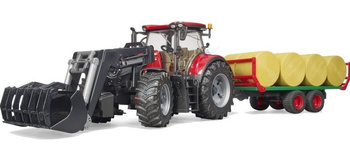 Traktor Case z ładowarką czołową i przyczepą z belami słomy Bruder